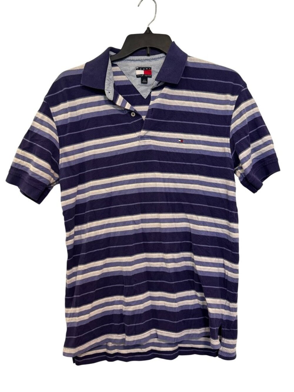 Tommy Hilfiger Mens Striped Polo Shirt Large Purple White 100% Cotton Casual